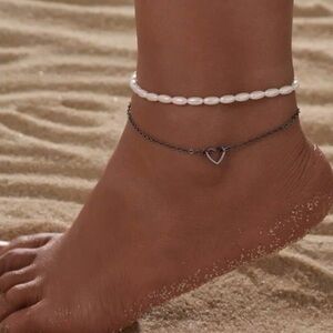 2 pcs Pearl and Heart Charm Layered Anklet Silver Plated Chain